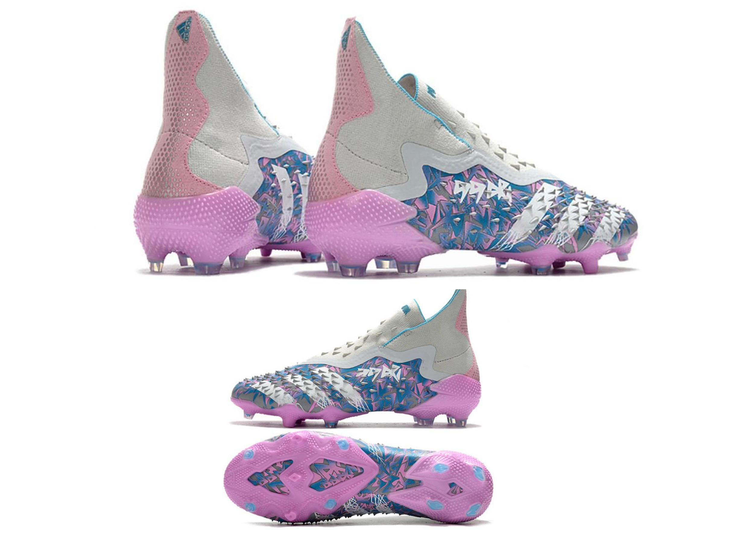 crampons de football Adidas Predator Freak+ FG (Gris, Rose et Bleu)